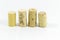 Front shot of multiple wine corks with blurry white background