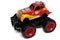 Front side view of a red yellow toy monster truck with red painted wheels