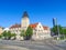 Front side of Volksbad theater illuminated by sunset in Jena, Germany