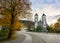 In front of St.Mary`s Church in autumn The foreground is a tree with beautiful yellow leaves