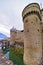 Front towers of Chillon Castle on Lake Geneva of Switzerland