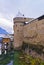 Front towers of Chillon Castle on Lake Geneva in Switzerland