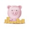 Front view 3D Piggy bank and Stack coin on white background,Isolate Pink pig Vector mesh for advertising,Design template for