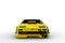 Front view 3D rendering of a yellow and black cyberpunk style futuristic car isolated on a white background