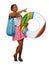 Front view of an afro american woman with an inflatable circle which points hand up