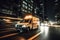 Front view of an Ambulance full speed in the city, responds to emergency calling at night. Generative AI