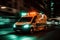 Front view of an Ambulance full speed in the city, responds to emergency calling at night. Generative AI