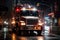 Front view of an American firefighters truck full speed, responds to emergency calling in the city at night. Generative AI