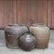 Front view antique three jar on wooden floor,wooden wall background, object, vintage, copy space