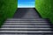 Front view architecture of concrete staircase flanked with green artificial grass and blue sky in background.