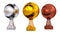 Front view of Basketball Gold Silver and Bronze trophies