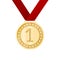 Front view of beautiful realistic first place golden medal hanging from a ribbon