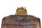 Front view of big bucket old rusty huge heavy bulldozer loader tread or wheel tractor isolted on white background. Vintage