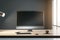 Front view on blank black modern computer monitor screen with place for your web design or web page on sunlit wooden table with