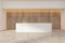 Front view on blank modern white stylish reception desk with place for your presentation on light concrete floor and wooden wall