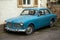 Front view of blue vintage Volvo Amazon 1966 car parked in the street of alsatian village