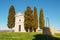 Front view of the Cappella Chapel della Madonna di Vitaleta in Val d`Orcia. Italy, 2017.