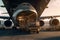 Front view of a cargo plane at the airport. Loading transport aircraft in the cargo terminal of the airport