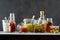 Front view on catsup, mustard and food condiments