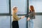 Front view of cheerful professional female manager handshaking of client or customer making business deal at office