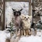 Front view of a Chinese crested dog puppy and Chihuahua standing on a bridge