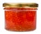 Front view of closed glass jar with red caviar