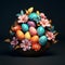 Front view of colorful easter eggs in nest with chamomile flowers Generative AI