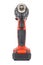 Front view of cordless 12V drill driver powered by Li-ion battery with keyless chuck in red and black rubberized reinforced