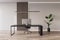 Front view on dark work table with modern computer on wooden parquet floor with green plant in black flowerpot in stylish cabinet