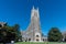 Front view of the Duke Chapel tower in early fall