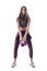 Front view of dynamic kettlebell exercise by fit healthy young athletic woman.