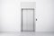 Front view on elevator with metal doors, white blank wall and concrete floor. 3D rendering, mockup