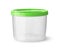 Front view of empty round plastic food container