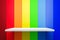 Front view of empty shelf on abstract rainbow gradient multi colors background with colorful concept. Display of room shelves for