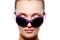 Front view of female face in violet sunglasses