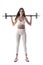 Front view of fitness woman doing barbell exercises.