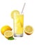 Front view of fresh lemon juice in a glass with lemons on cutout PNG transparent bakcground. Generative AI