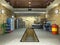 Front View of a Garage 3D Interior with Opened Roller Door 3D Re