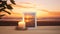 Front view of greeting card, burning candle and background with sunset and ocean
