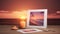 Front view of greeting card, burning candles and captivating sunset and ocean background