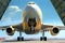 Front view from the ground of a cargo plane at the airport. Loaded transport aircraft is taxing from the cargo terminal