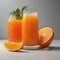 Front view halved orange next to orange juice - generated by ai