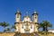 Front view of historic 18th century church in colonial architecture