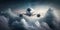 Front view of a large passenger airplane flying high above the clouds against a dramatic sky view. AI Generative