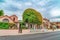 Front view of lovely homes against cloudy sky in Long Beach scenic neighborhood