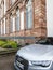 Front view of luxury Audi A8 silver car parked in city
