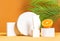 Front view mock up scene with unbranded white cosmetic tube on white podium and orange on a palm leaves background.