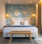 Front view of modern bedroom interior in nautical marine style with blue decorative stucco wall, wicker furniture, wooden ceiling