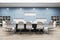 Front view on modern black conference table surrounded by stylish chairs on wooden floor in spacious meeting room with light blue