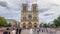 Front view of Notre-Dame de Paris timelapse hyperlapse, a medieval Catholic cathedral on the Cite Island in Paris